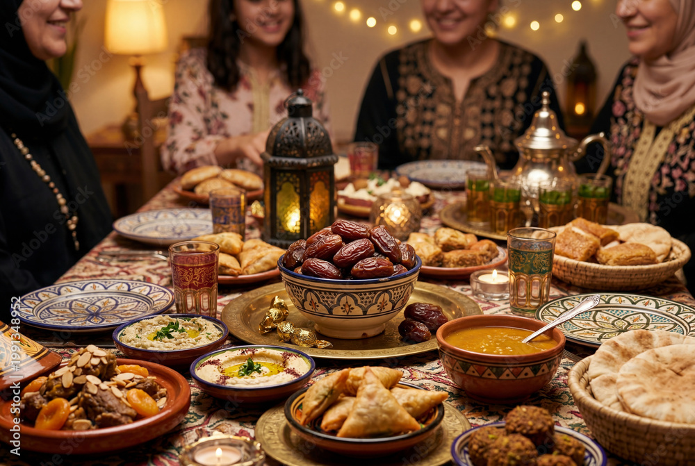 Fototapeta premium Traditional middle eastern food and a glowing lantern on a festive dining table with family