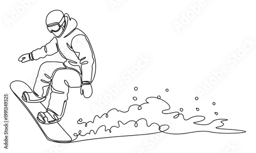 Single line drawing of an active snowboarder carving snow, suitable for winter sports marketing and event promotion.
