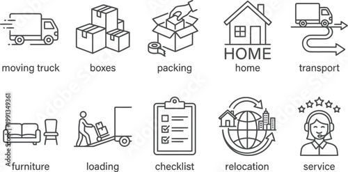 moving and relocation services icons, packing and transport symbols