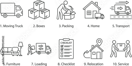 Moving and relocation services icons set, logistics and transportation symbols