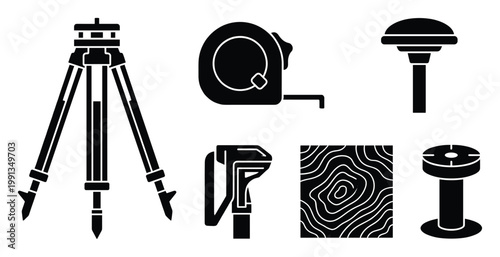 Surveying and geodetic tools vector icons set for land measurement engineering and cartography graphic design resources