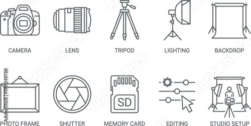 set of photography equipment icons, camera, lighting, studio