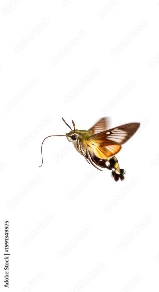 Fototapeta premium Hummingbird Hawk-Moth in Flight - A Detailed Close-Up on White.