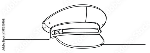 Black continuous line drawing of a formal peaked cap representing authority or service for various graphic applications