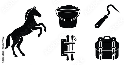 Horse riding stable equipment and animal care tools perfect for equestrian business branding or pet store marketing