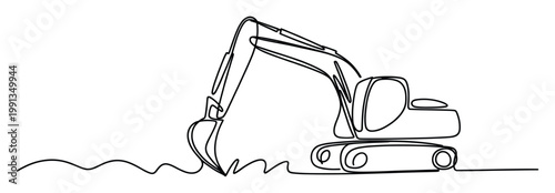 Minimalist one line illustration of a powerful excavator at work, ideal for heavy machinery promotions and building projects.