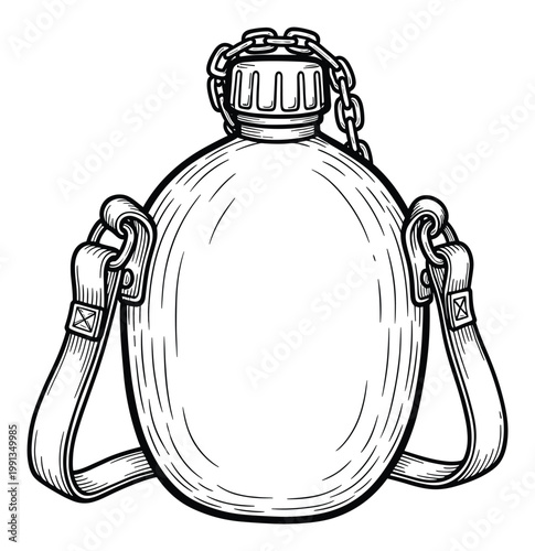Classic outdoor water canteen with a secure chained cap and convenient shoulder strap for wilderness adventure graphics.