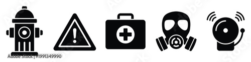 Safety and emergency icons for hazard warning, medical aid, fire response, and personal protection