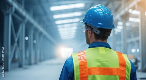 Industrial worker in safety gear inspecting factory interior.
