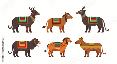 Six stylized animals adorned with colorful, patterned blankets in a folk art style.