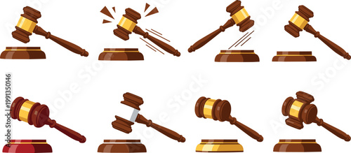 Judge gavel collection with wooden hammers and sound block, law justice courtroom symbols vector illustration set isolated