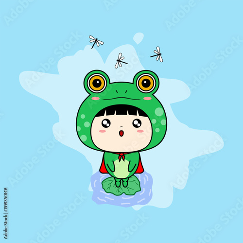 a girl wearing a frog mascot costume. Vector Illustration. EPS 10.