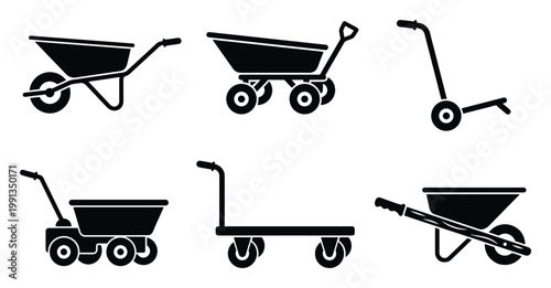 Collection of versatile utility carts and trolleys for gardening construction and material handling tasks