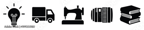 Collection of simple black icons for ideas, transport, sewing, music, and books, useful for presentations.