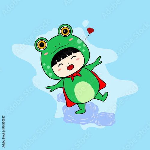 a girl wearing a frog mascot costume. Vector Illustration. EPS 10.
