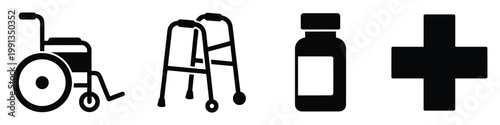 Healthcare symbols including wheelchair, walker, medicine bottle, and medical cross for wellness and accessibility design projects