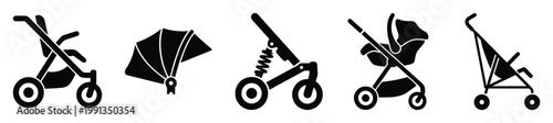 Modern baby stroller and infant pram icons representing diverse childcare transportation for parenting applications