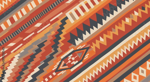 Vibrant abstract pattern with geometric shapes and stripes in warm earthy tones, resembling a woven textile.