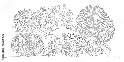 Minimalist one line drawing depicting an ocean fish navigating through a coral ecosystem for marine life themes.