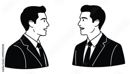 Two professional men in suits having a conversation depicting corporate communication and partnership.