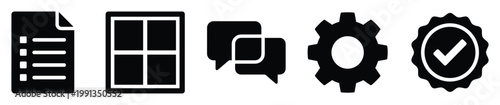 Collection of black vector icons for business and digital interfaces checklist, layout, chat, settings, verified.
