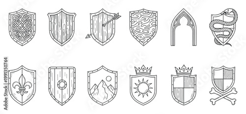 Hand drawn medieval heraldry shield symbols and emblems for historical themed graphic applications and game design assets