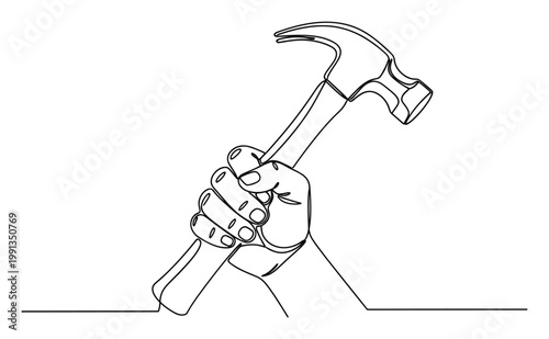 Continuous line drawing of a human hand firmly holding a claw hammer, perfect for construction business promotion or DIY project graphics.