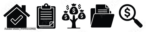 Financial planning and property management symbol set for investment analysis and document organization