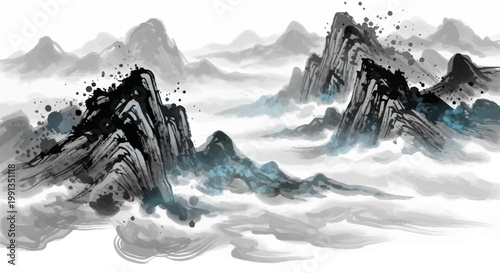 A breathtaking ink wash painting of majestic, mist-shrouded mountains, rendered in a traditional East Asian style.