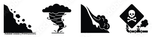 Disaster and hazard icons depicting landslide, tornado, avalanche, and chemical gas risk for safety warnings