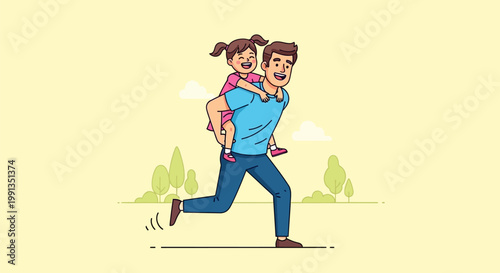 Happy father carrying his little daughter on his back playing.