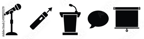 Collection of essential presentation and public speaking tools including microphone, podium, and screen for event communication materials