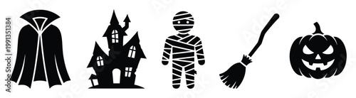 Classic Halloween spooky icons including vampire cape haunted house mummy broom pumpkin perfect for seasonal celebrations