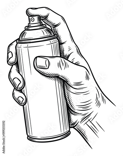Human hand holding and pressing an aerosol spray paint can for graffiti street art or various painting applications
