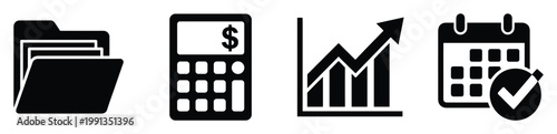 Essential business management icons depicting financial calculation, growth analysis, document organization, and task scheduling for professional use
