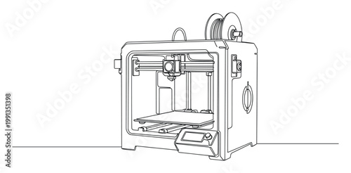 Continuous line drawing of a modern 3D printer for technology education materials and manufacturing innovation concepts