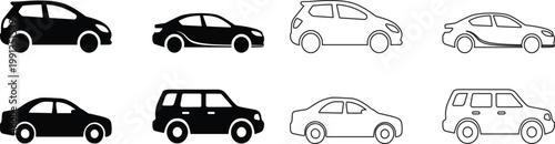
Simple car icon collection isolated on a white background. Front view symbol of auto, vehicle, automobile, sedan, van. Transport, car sharing, or delivery concept icons. Flat style Black simple car