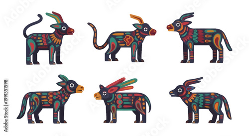A collection of six colorful, stylized, folkloric animals with intricate patterns and vibrant feather headdresses, presented in a grid formation.