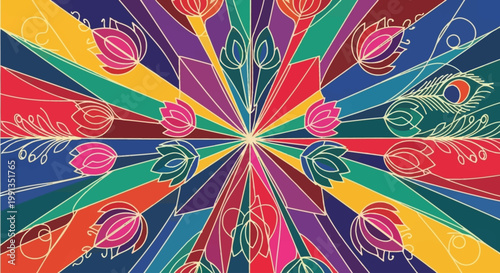 A vibrant, symmetrical, kaleidoscopic pattern featuring lotus flowers and peacock feathers radiating from a central point.