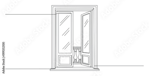 Continuous line drawing of an elegant open balcony door with a classic balustrade, perfect for architectural visualization and home design projects.