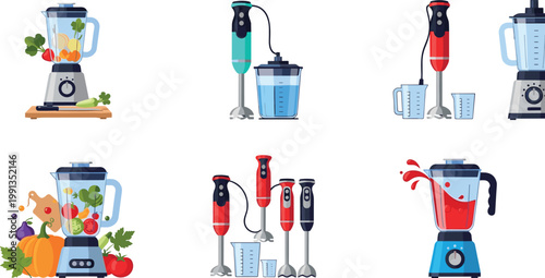 Kitchen blender and hand mixer collection with food preparation appliances, smoothie making equipment vector illustration set isolated