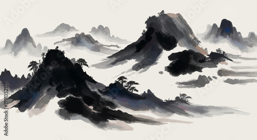 A serene ink wash painting depicting misty mountains with dark, textured peaks and sparse trees.