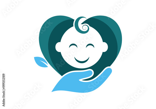 Baby Care Logo Design with Heart Hand and Leaf for Pediatric and Child Healthcare Services