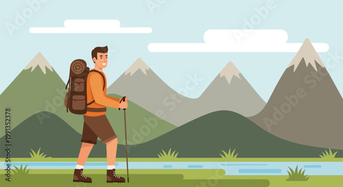 A male hiker trekking with a backpack and hiking poles.