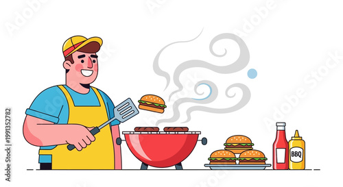 Happy man grilling delicious burgers on a charcoal barbecue grill.