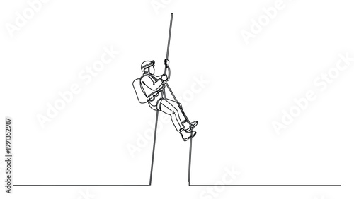 Adventurous person wearing climbing helmet and backpack engaging in a rope ascent or descent for outdoor challenge content.