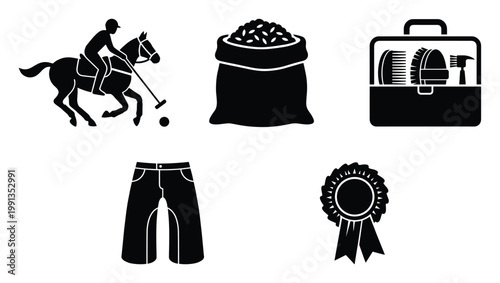 Equestrian sport and horse care icons with polo player, grooming kit, riding apparel, and prize.