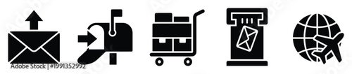 Universal shipping and delivery service icons including mail, post, cargo, and global transport symbols for various applications