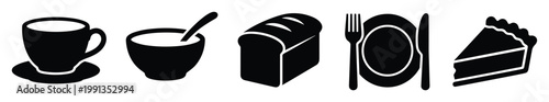 Collection of bold black icons featuring food and dining elements useful for restaurant menus and cafe branding.