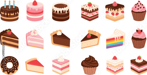 Assorted cake slices and cupcakes vector illustration set featuring chocolate strawberry layered desserts and donut isolated on light background for bakery design